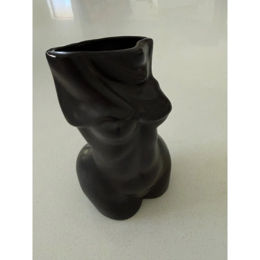 Matte Black Ceramic Female Torso Vase Draped Body Sculptural Modern Decor